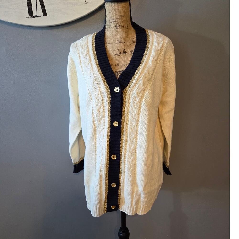 Linea Louis Dell'olio vtg cream blue cable knit cotton button up cardigan M